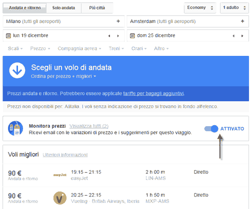 alert voli google flights