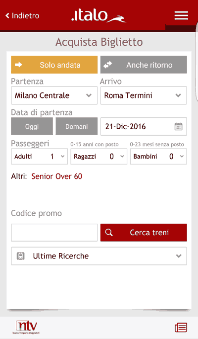 Maschera per ricerca treno app Italo