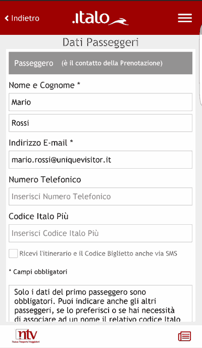 Inserimento dati passeggero app Italo