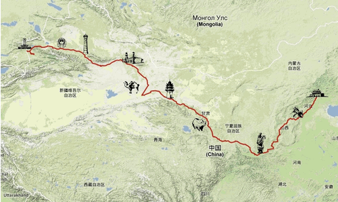 mappa cina da Beijing a Urumqi