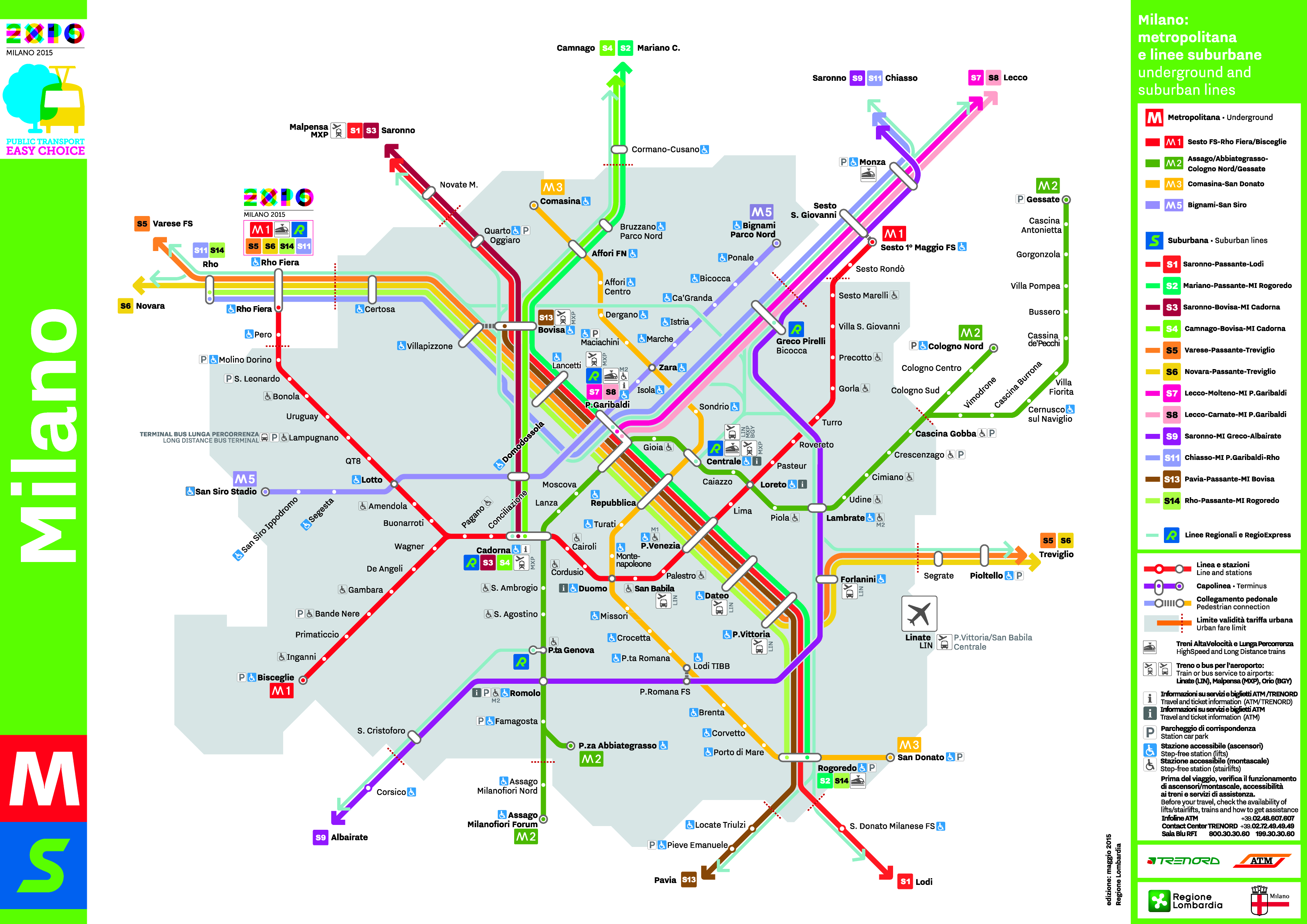 Mappa metro di Milano, linee rossa, lilla, verde e gialla, guida