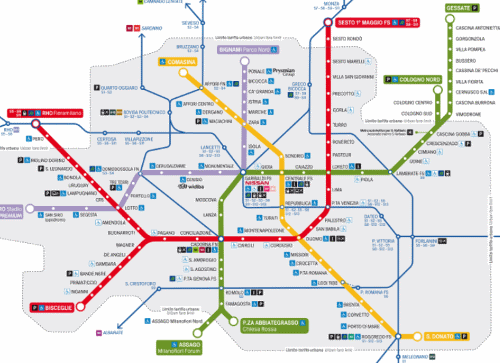 Mappa metro di Milano, linee rossa, lilla, verde e gialla, guida percorsi  ATM di Milano