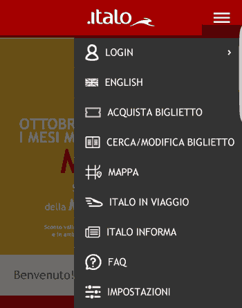 Le voci del menu dell'app Italo