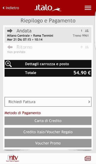 Riepilogo e pagamento app Italo